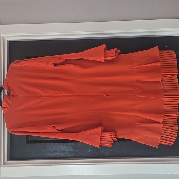 NWT Tahari ASL Burnt Orange Pleated Trim Tie Neck Dress Size 14 - Picture 6 of 15